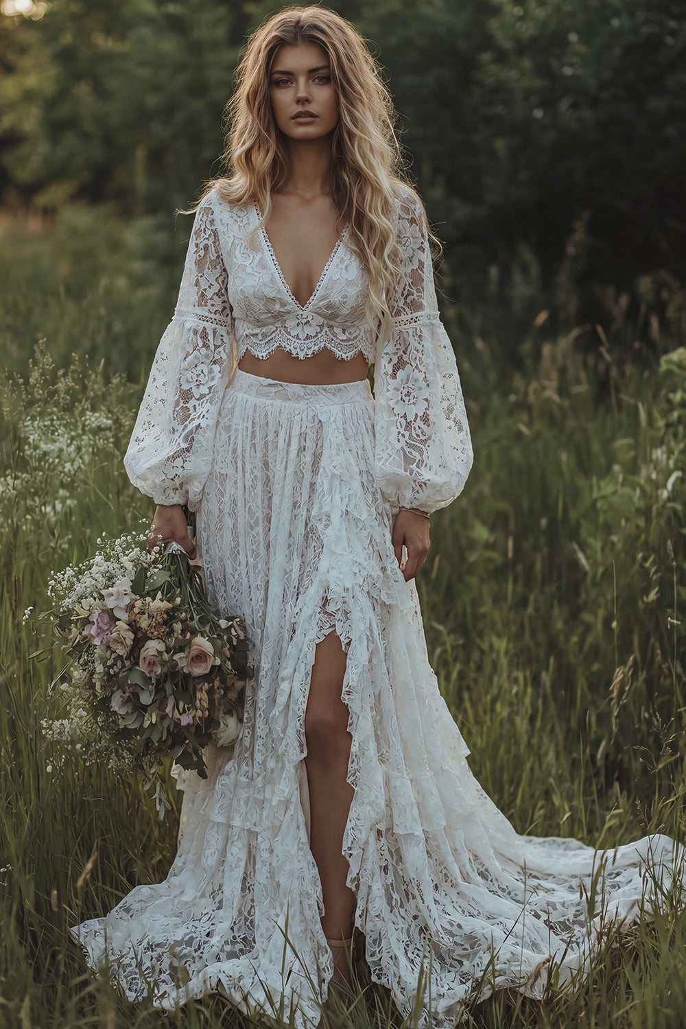 2 Piece White Lace A Line Lantern Sleeves Swep Train Boho Wedding Dress with Slit