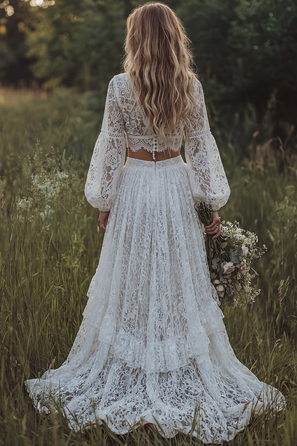 2 Piece White Lace A Line Lantern Sleeves Swep Train Boho Wedding Dress with Slit