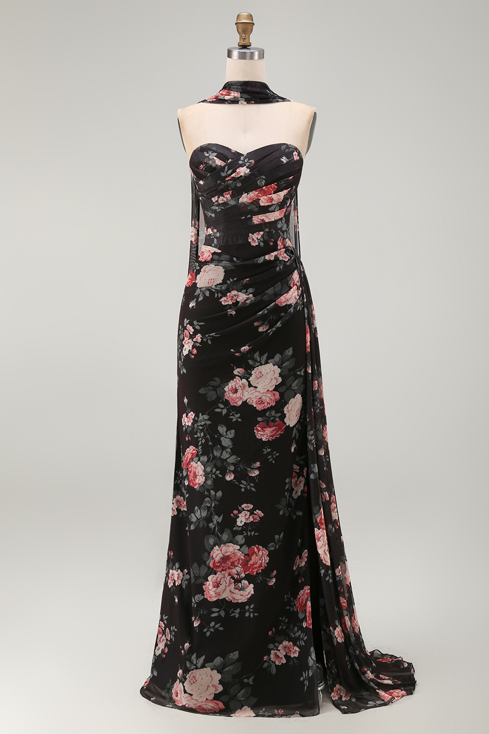 Black Floral Sweetheart Mermaid Long Formal Dress