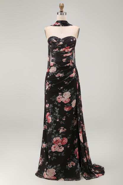 Black Floral Sweetheart Mermaid Long Formal Dress