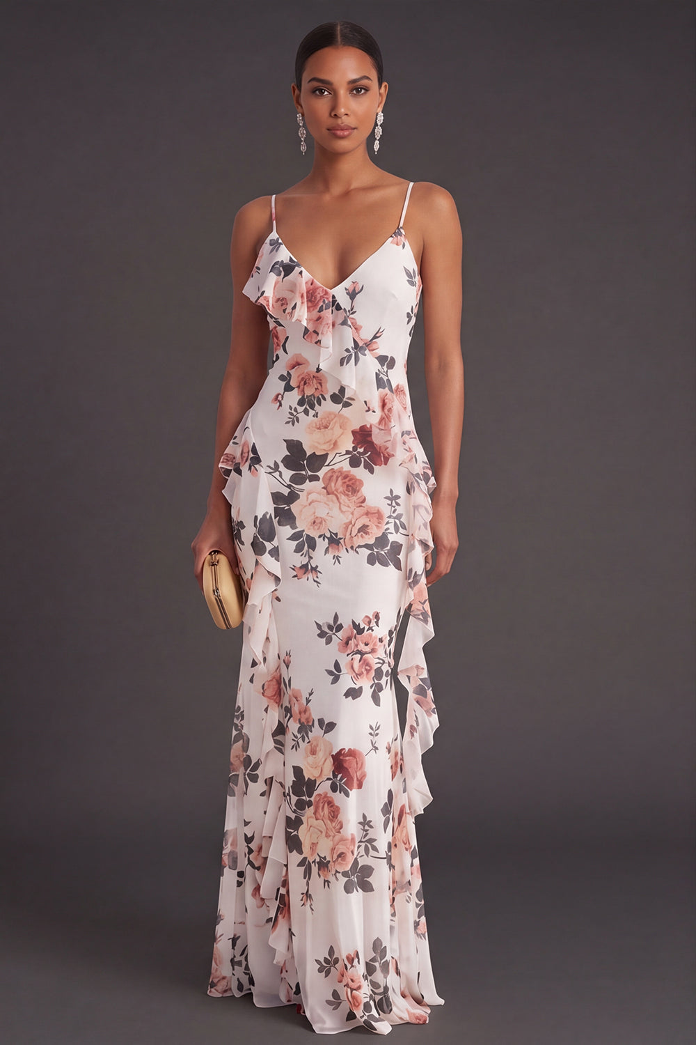 Leely Women Mermaid Ruffled Ivory Floral Long Formal Dress Spaghetti Straps Backless Sleeveless Garden Party Dress