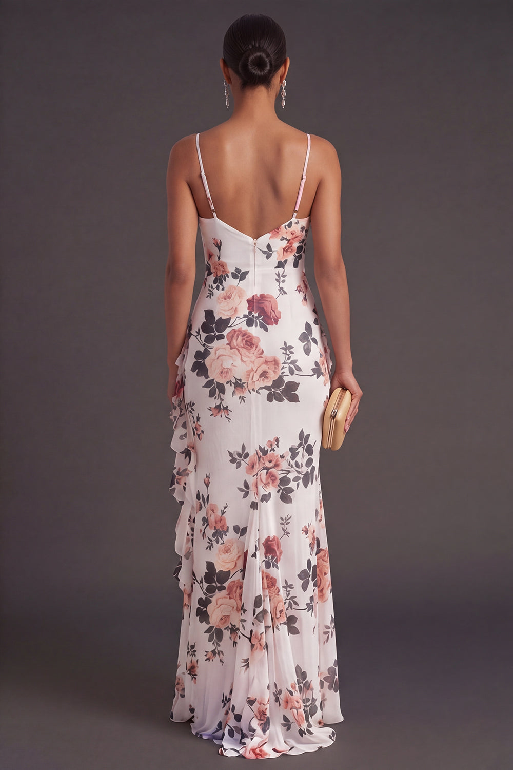 Mermaid Ruffled Ivory Floral Long Formal Dress