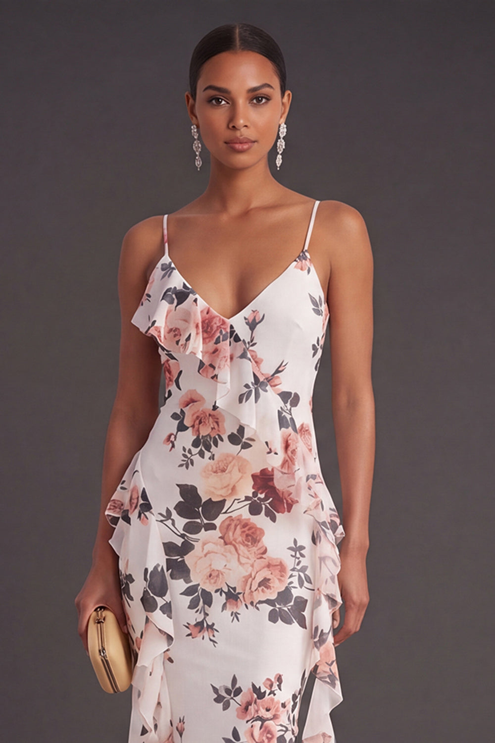 Mermaid Ruffled Ivory Floral Long Formal Dress