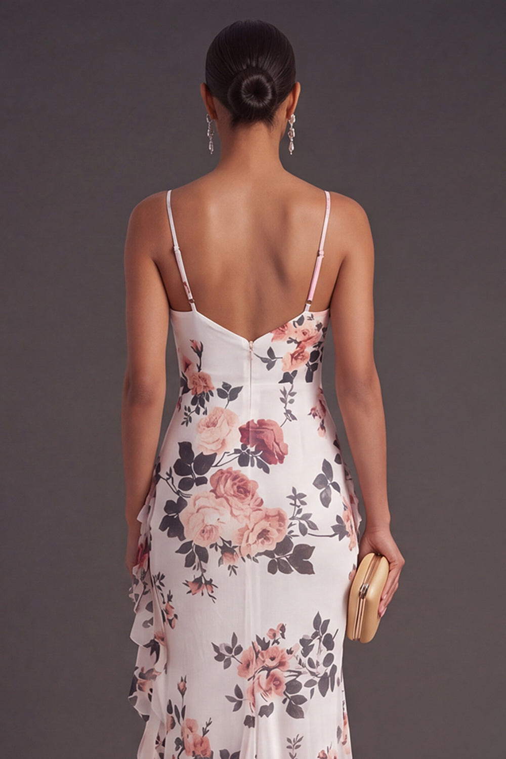 Mermaid Ruffled Ivory Floral Long Formal Dress