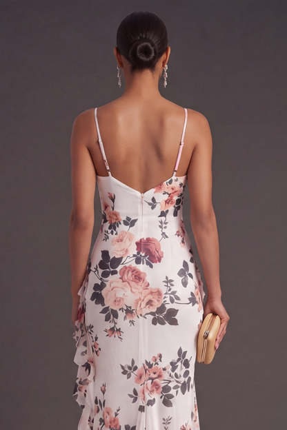 Mermaid Ruffled Ivory Floral Long Formal Dress