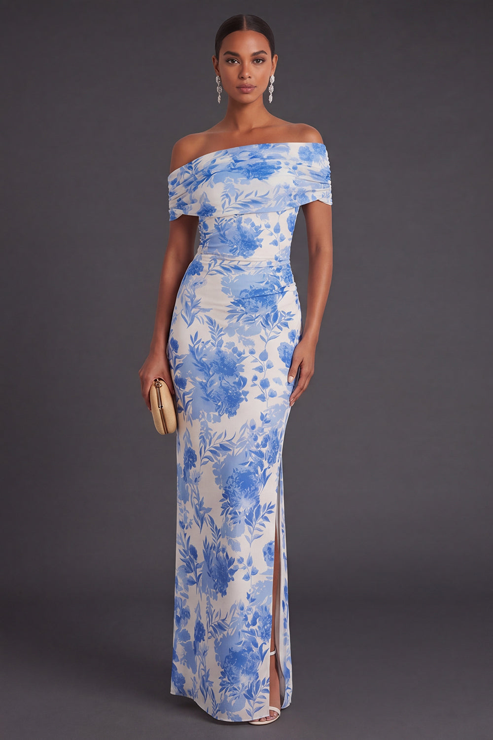 Floral Blue Off the Shoulder Mermaid Long Formal Dress with Slit