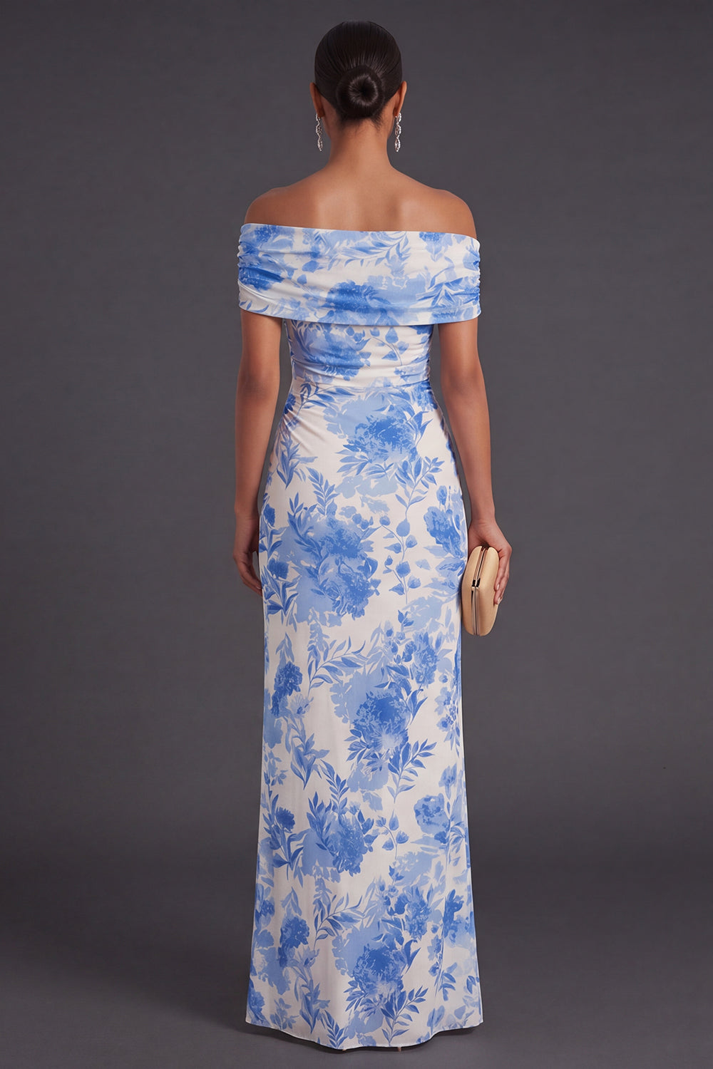 Floral Blue Off the Shoulder Mermaid Long Formal Dress with Slit