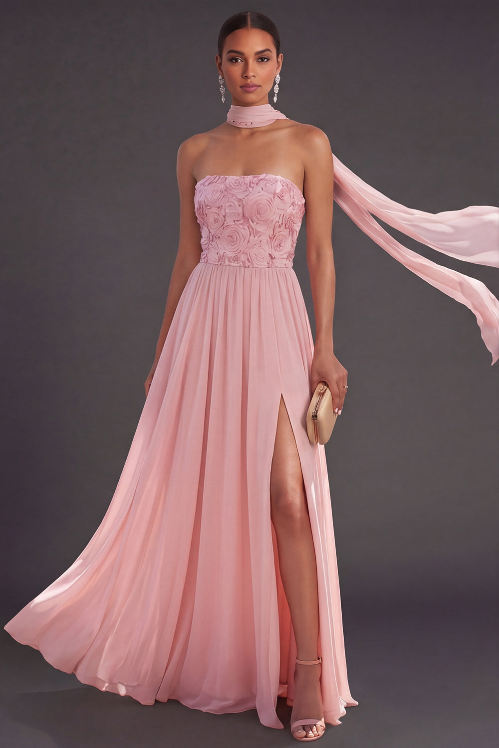 Pink Floral A Line Strapless Appliqued Long Formal Dress with Slit