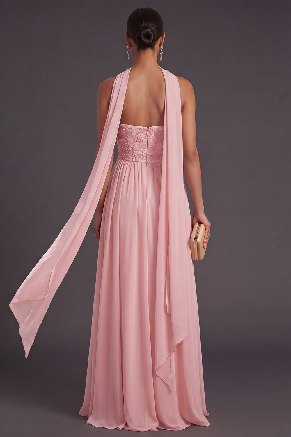 Pink Floral A Line Strapless Appliqued Long Formal Dress with Slit
