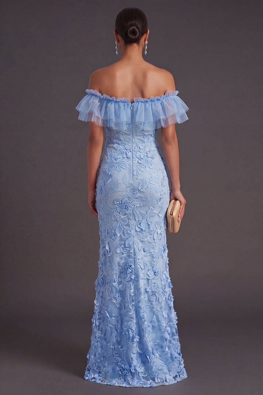 Blue Ruffled Floral Mermaid Appliqued Long Formal Dress