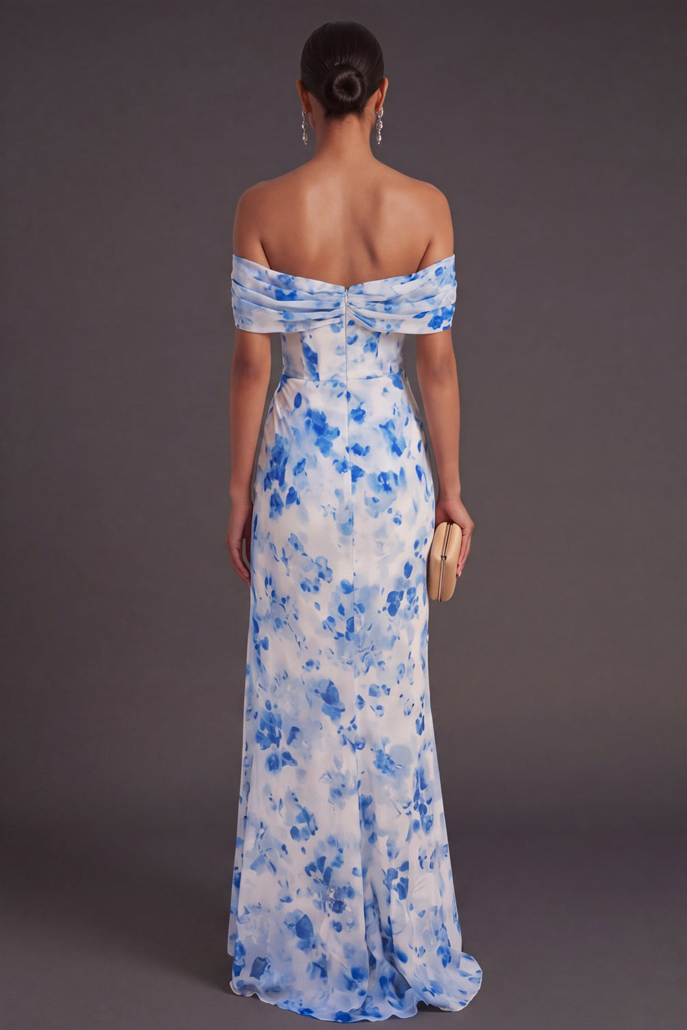 Blue Floral Mermaid Ruched Long Formal Dress with Slit