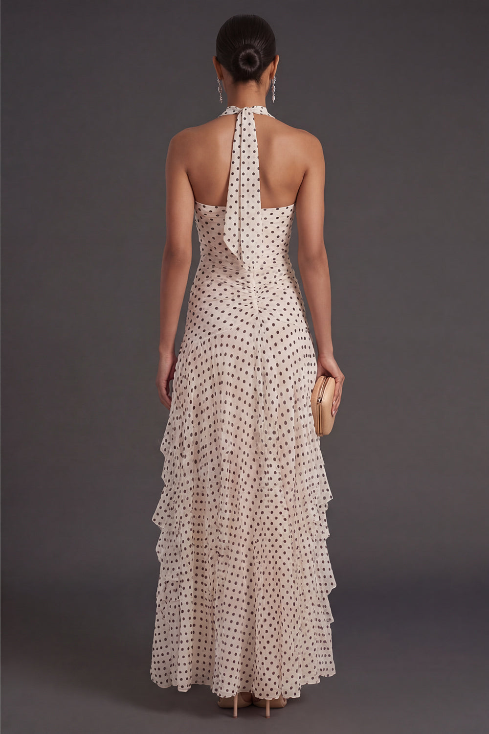 White Black Dots A Line Halter Neck Long Formal Dress