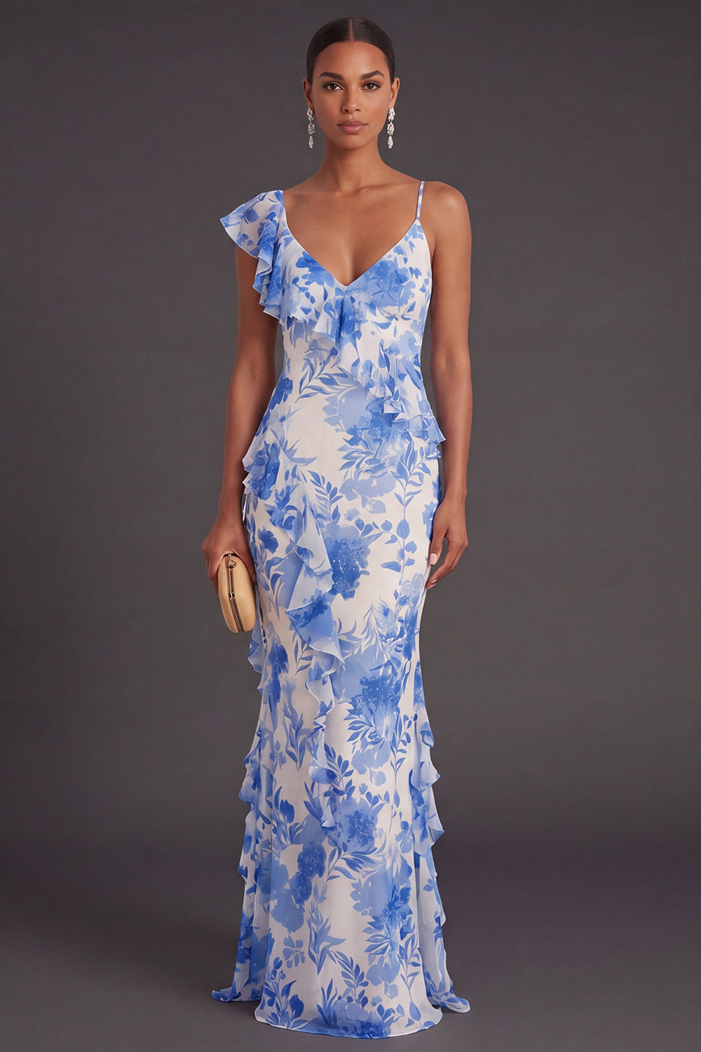 Blue Floral Mermaid Ruffled Long Formal Dress