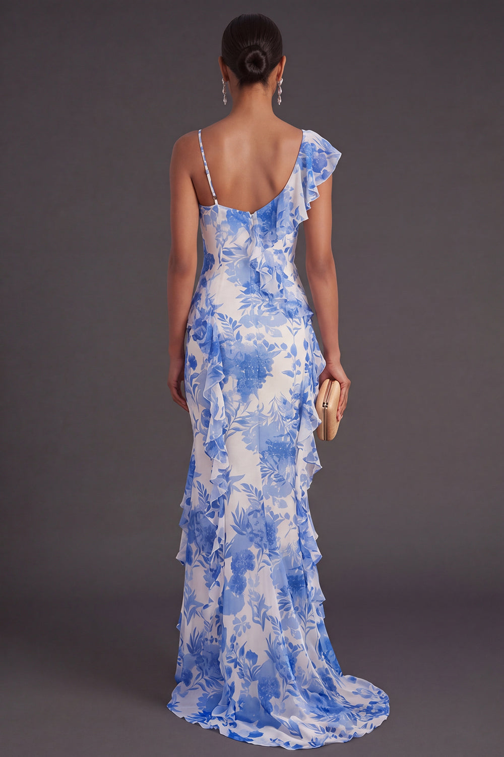 Blue Floral Mermaid Ruffled Long Formal Dress