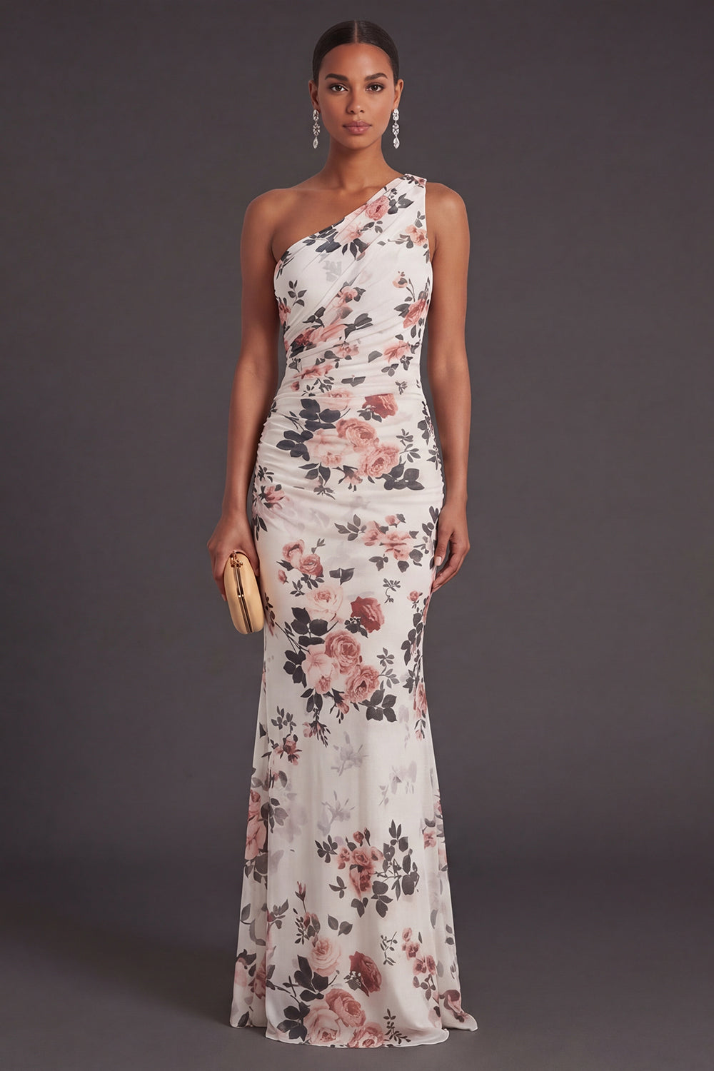 Leely Women Ivory Floral Mermaid One Shoulder Ruched Long Formal Dress Ruched Sleeveless Wedding Guest Dress