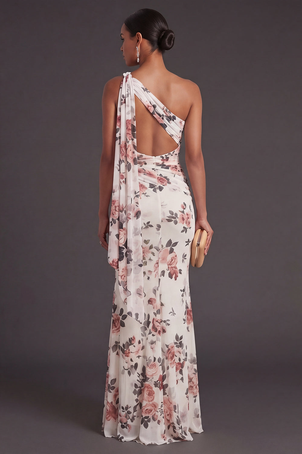Ivory Floral Mermaid One Shoulder Ruched Long Formal Dress