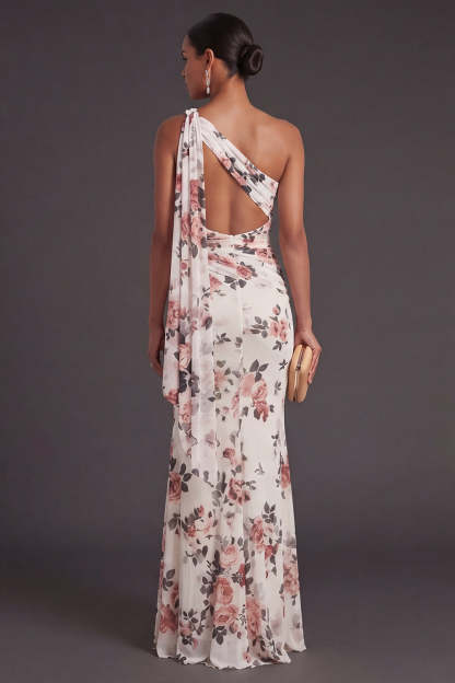 Ivory Floral Mermaid One Shoulder Ruched Long Formal Dress