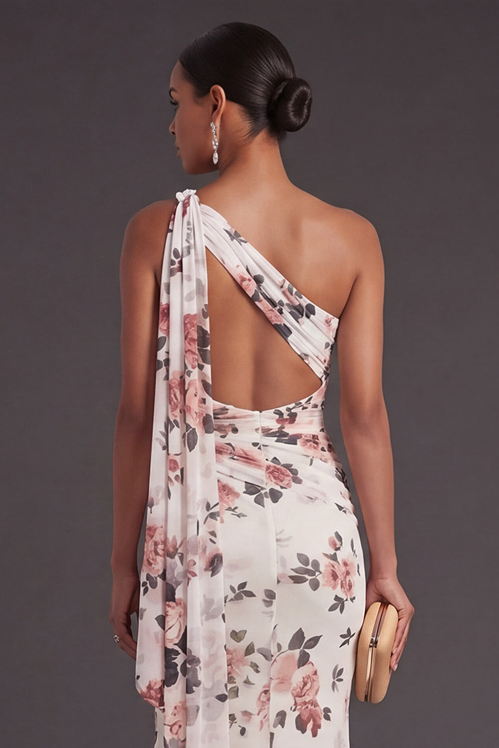 Ivory Floral Mermaid One Shoulder Ruched Long Formal Dress
