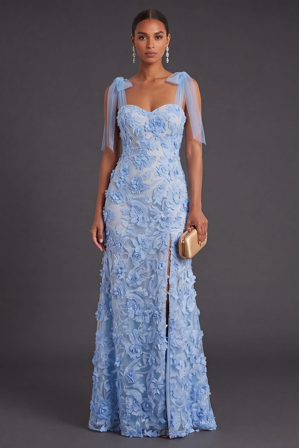 Appliqued Blue A Line Floral Long Formal Dress with Slit