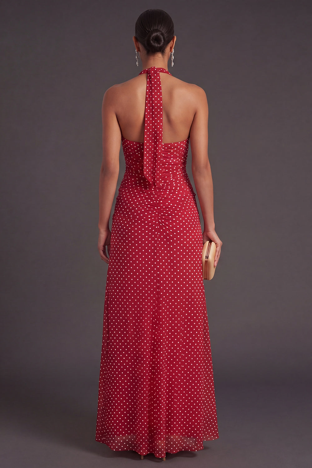 Red White Dots A Line Halter Neck Long Formal Dress