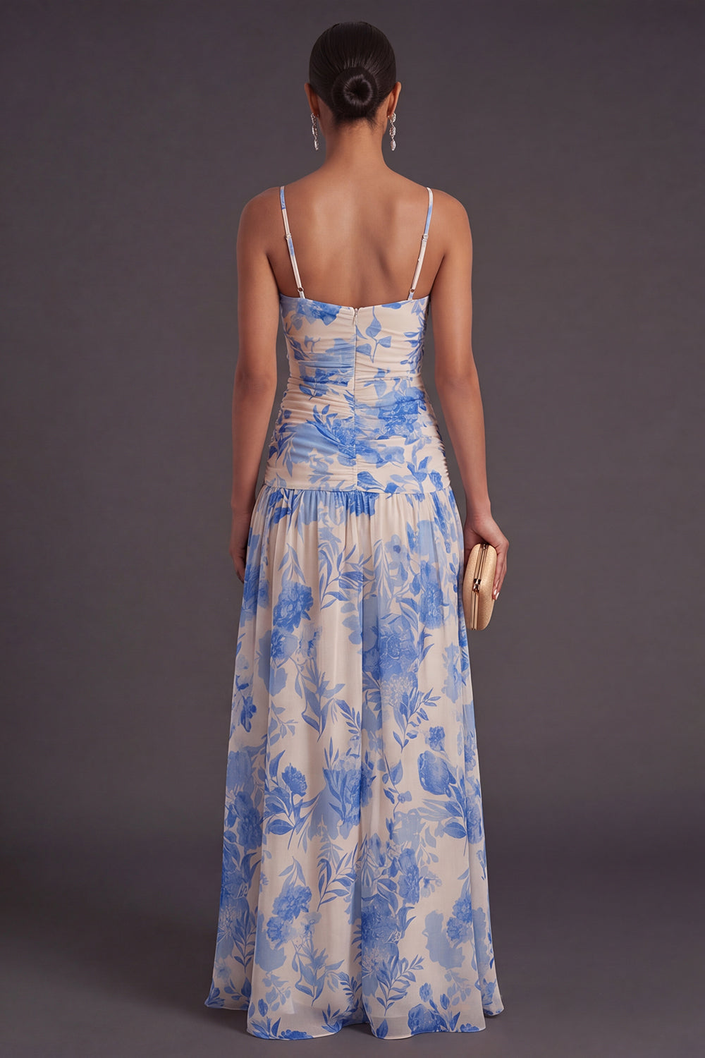 Floral A Line Blue Spaghetti Straps Long Formal Dress