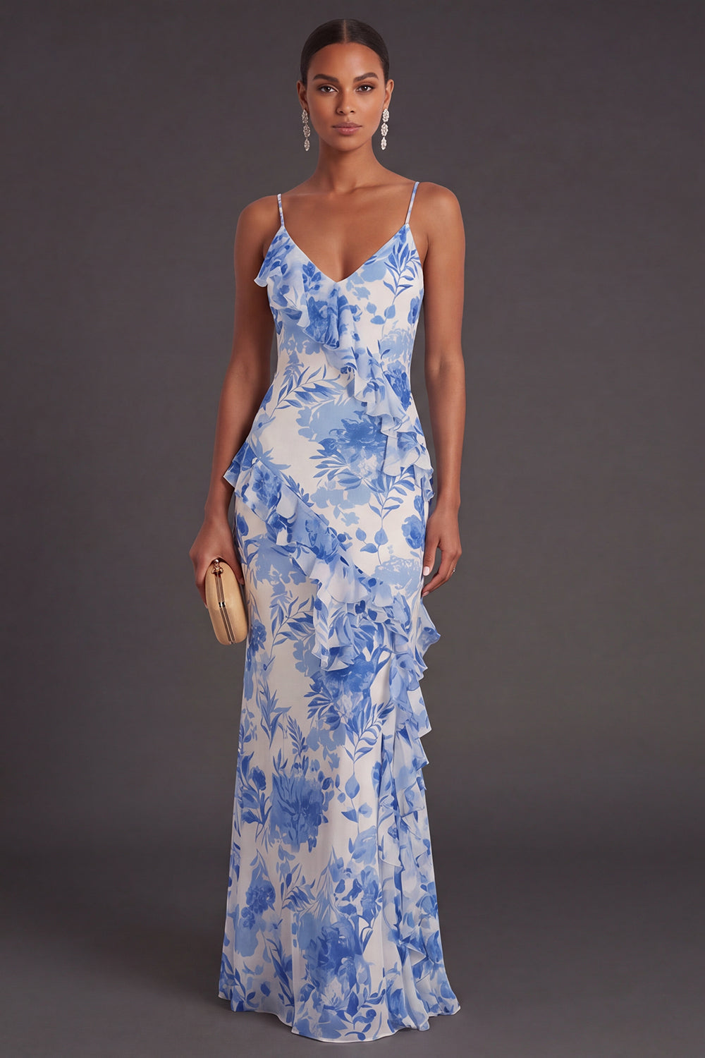 Blue Floral Spaghetti Straps Ruffled Long Mermaid Formal Dress