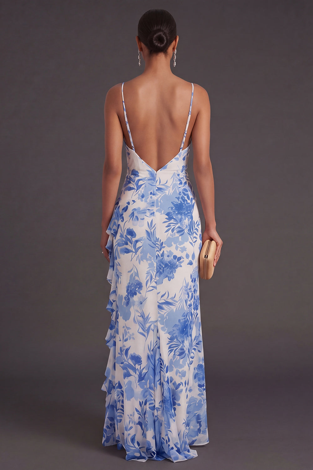 Blue Floral Spaghetti Straps Ruffled Long Mermaid Formal Dress