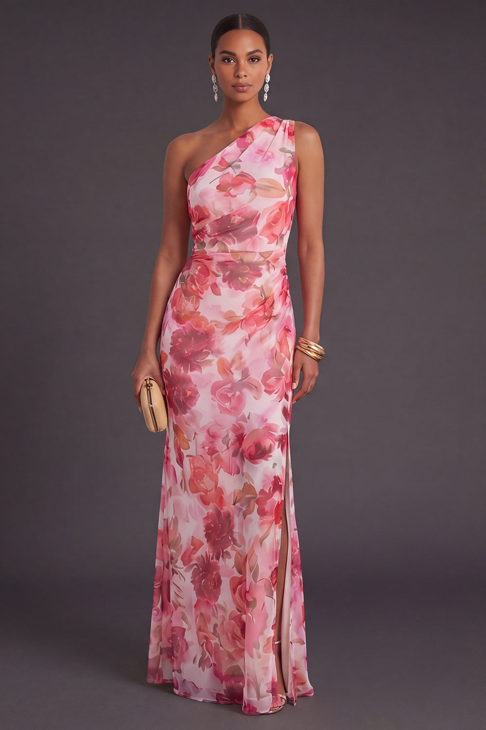 Ruched Pink Floral Mermaid Long Formal Dress