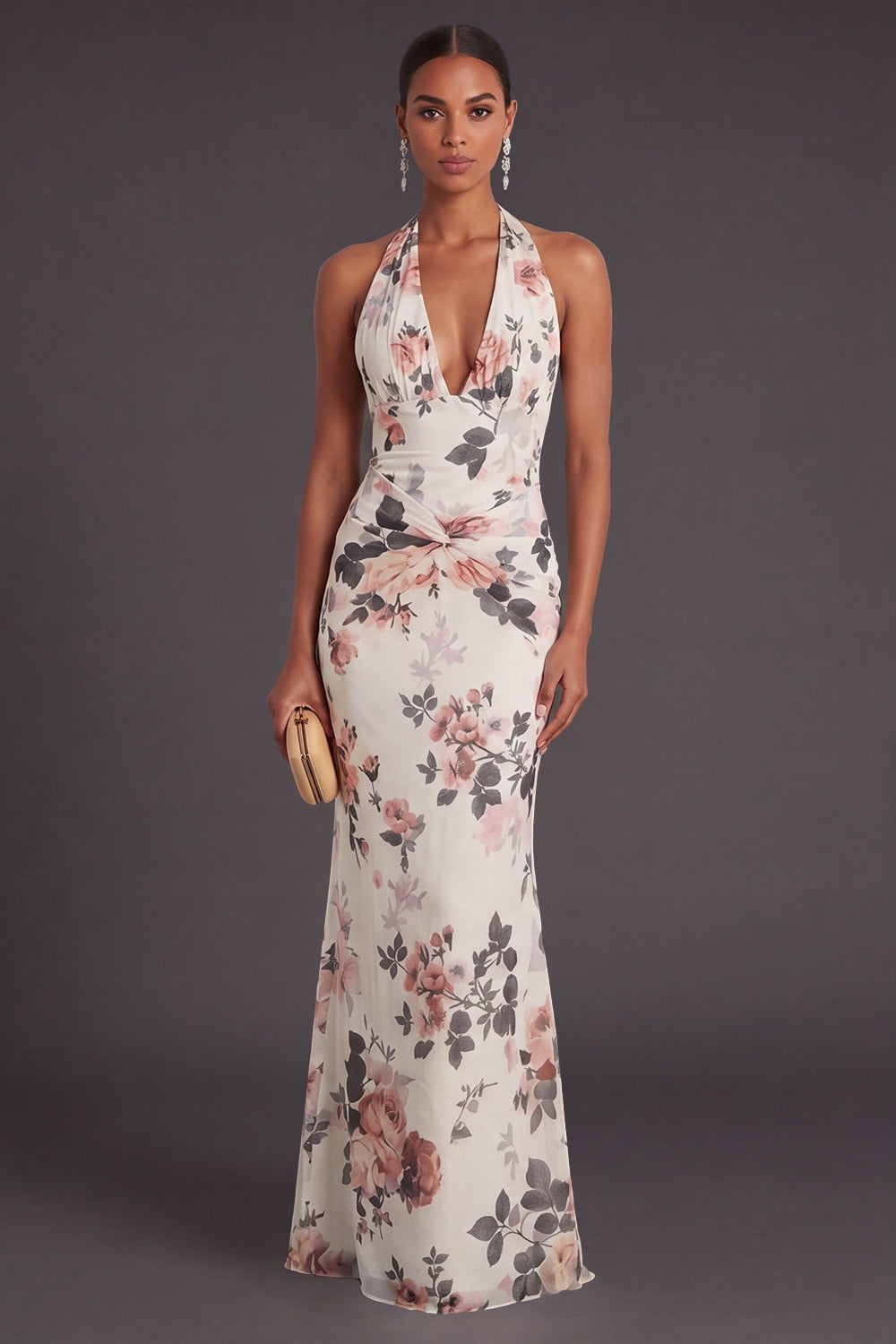 Leely Women Ivory Floral Mermaid Long Formal Dress Halter Neck Backless Sleeveless Wedding Guest Dress