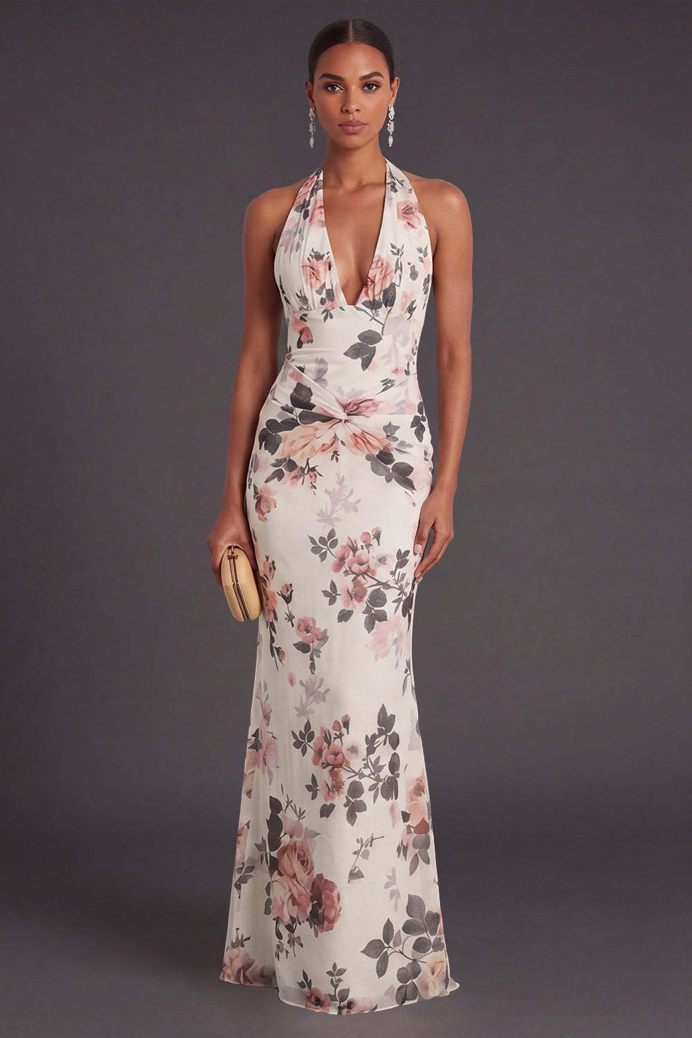 Leely Women Ivory Floral Mermaid Long Formal Dress Halter Neck Backless Sleeveless Wedding Guest Dress