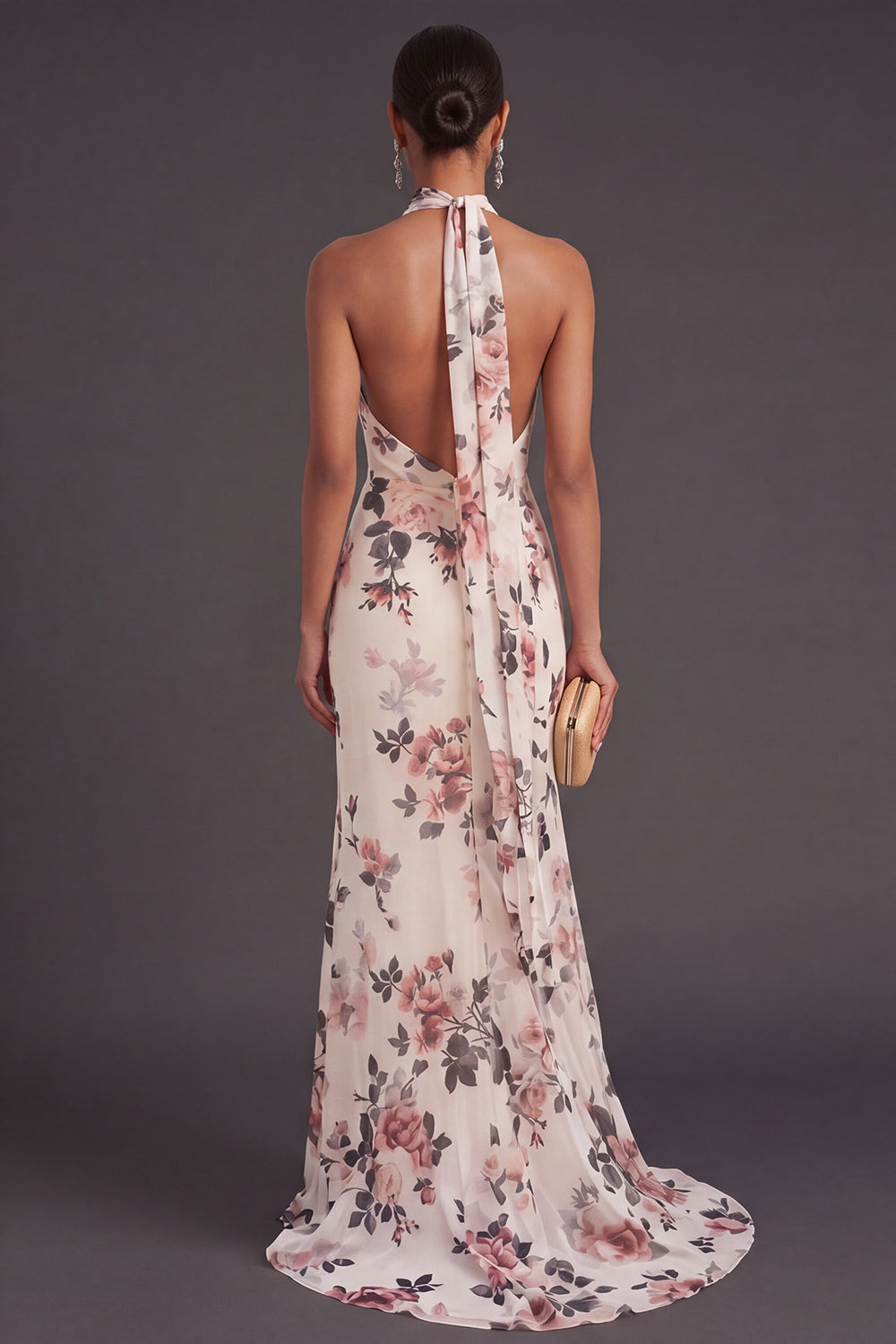 Ivory Floral Mermaid Long Halter Neck Formal Dress