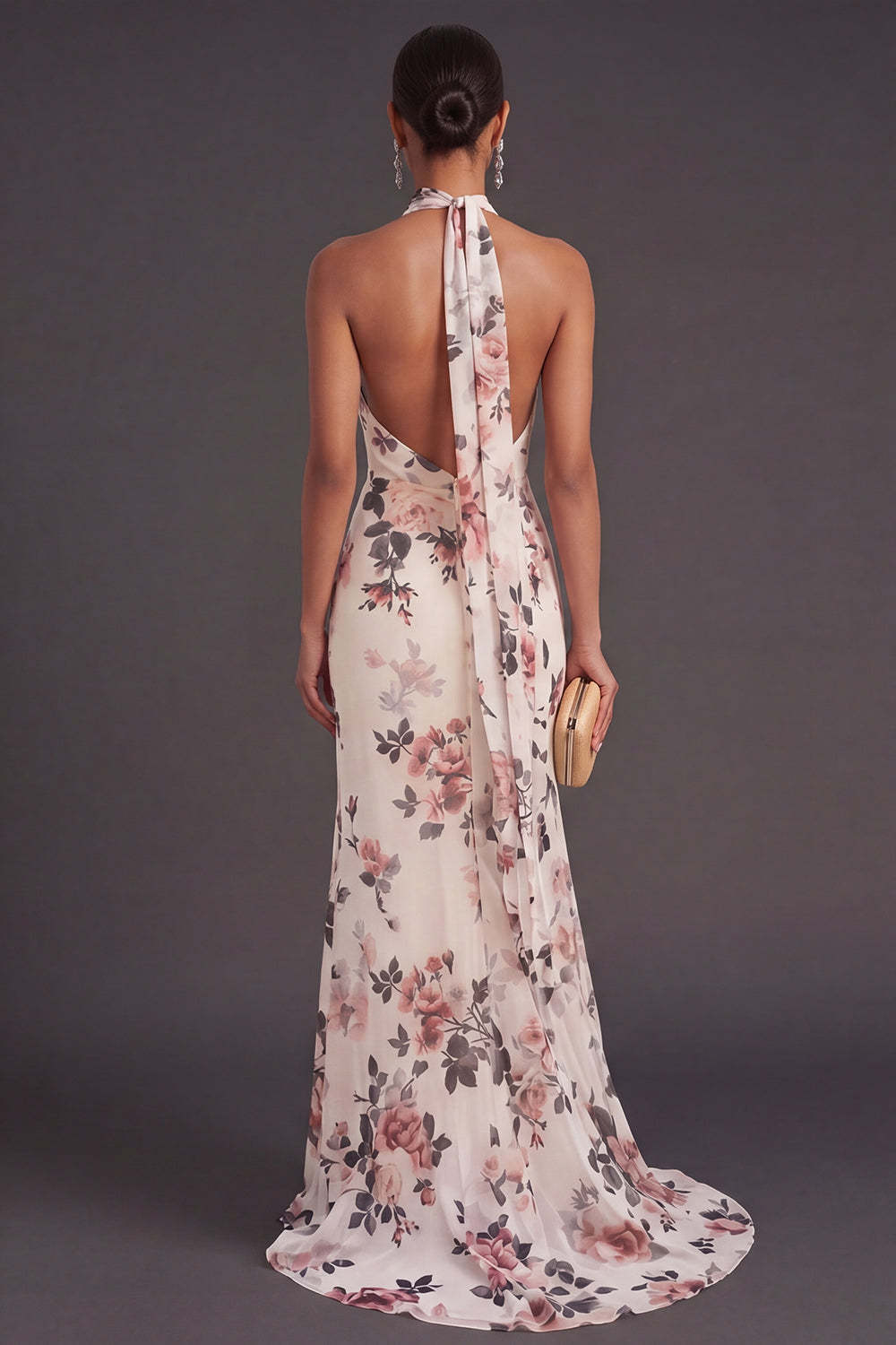 Ivory Floral Mermaid Long Halter Neck Formal Dress