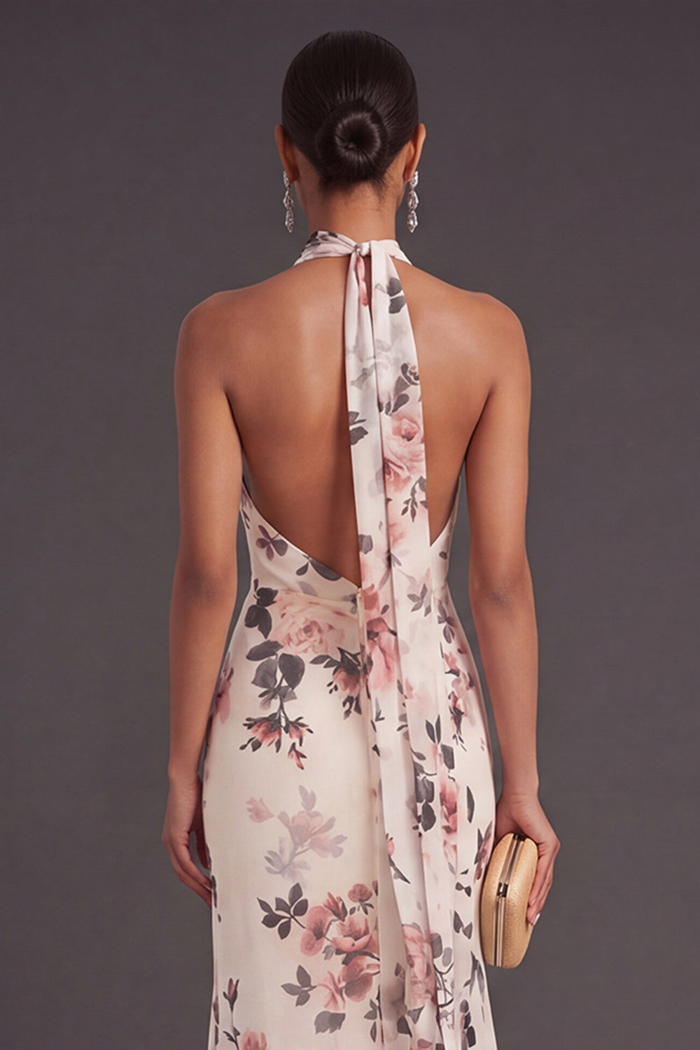 Ivory Floral Mermaid Long Halter Neck Formal Dress