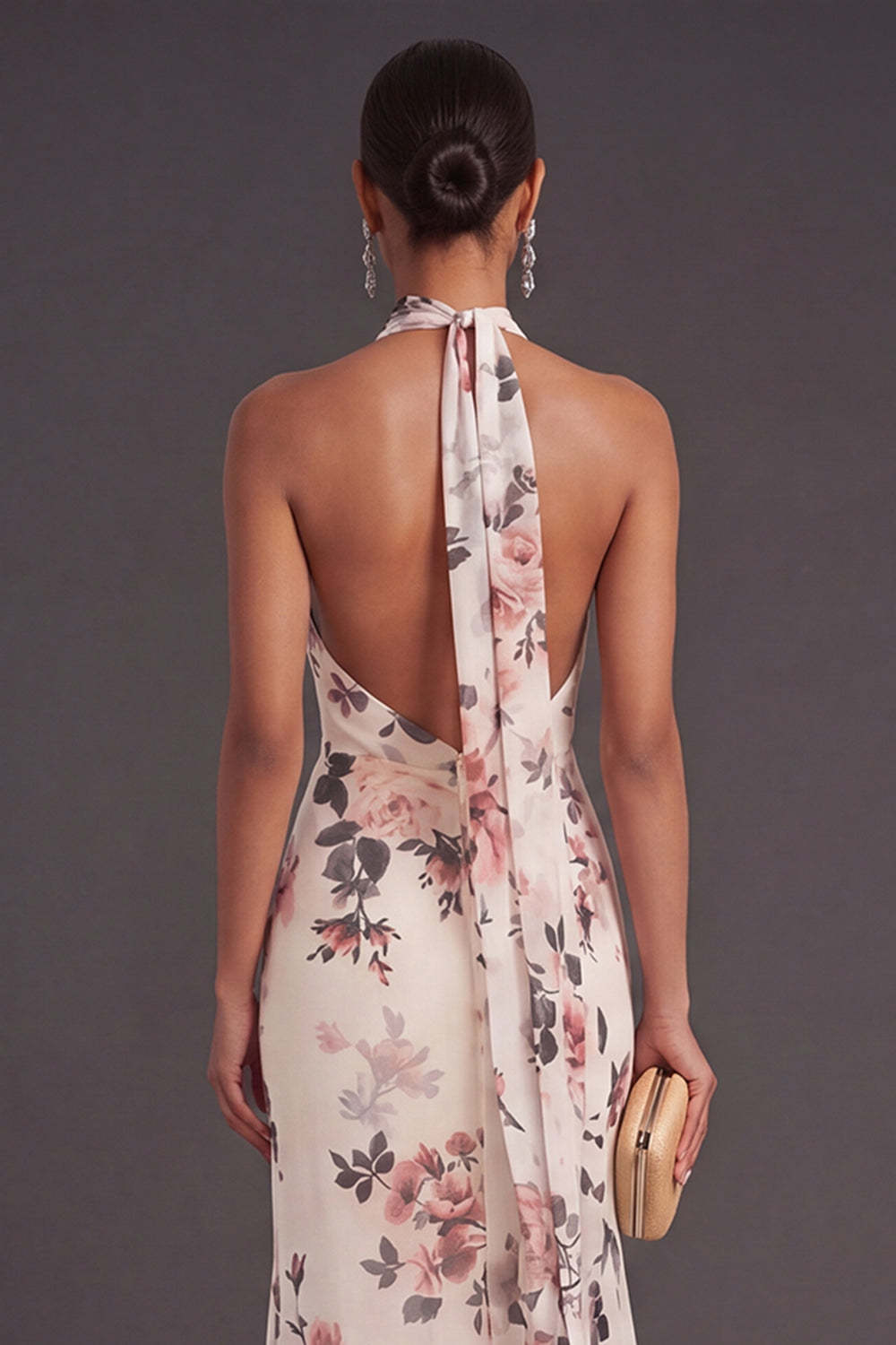 Ivory Floral Mermaid Long Halter Neck Formal Dress