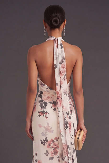 Ivory Floral Mermaid Long Halter Neck Formal Dress