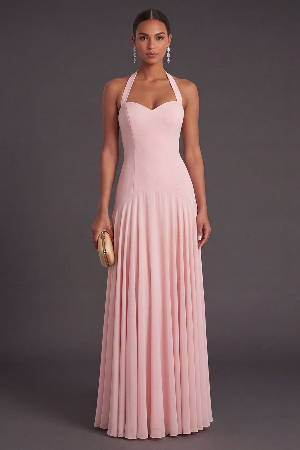 Pink High Waist A Line Long Formal Dress