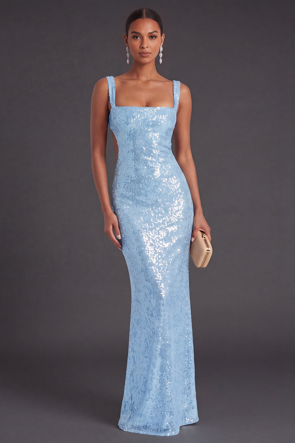 Light Blue Sparkly Sequined Mermaid Long Formal Dress
