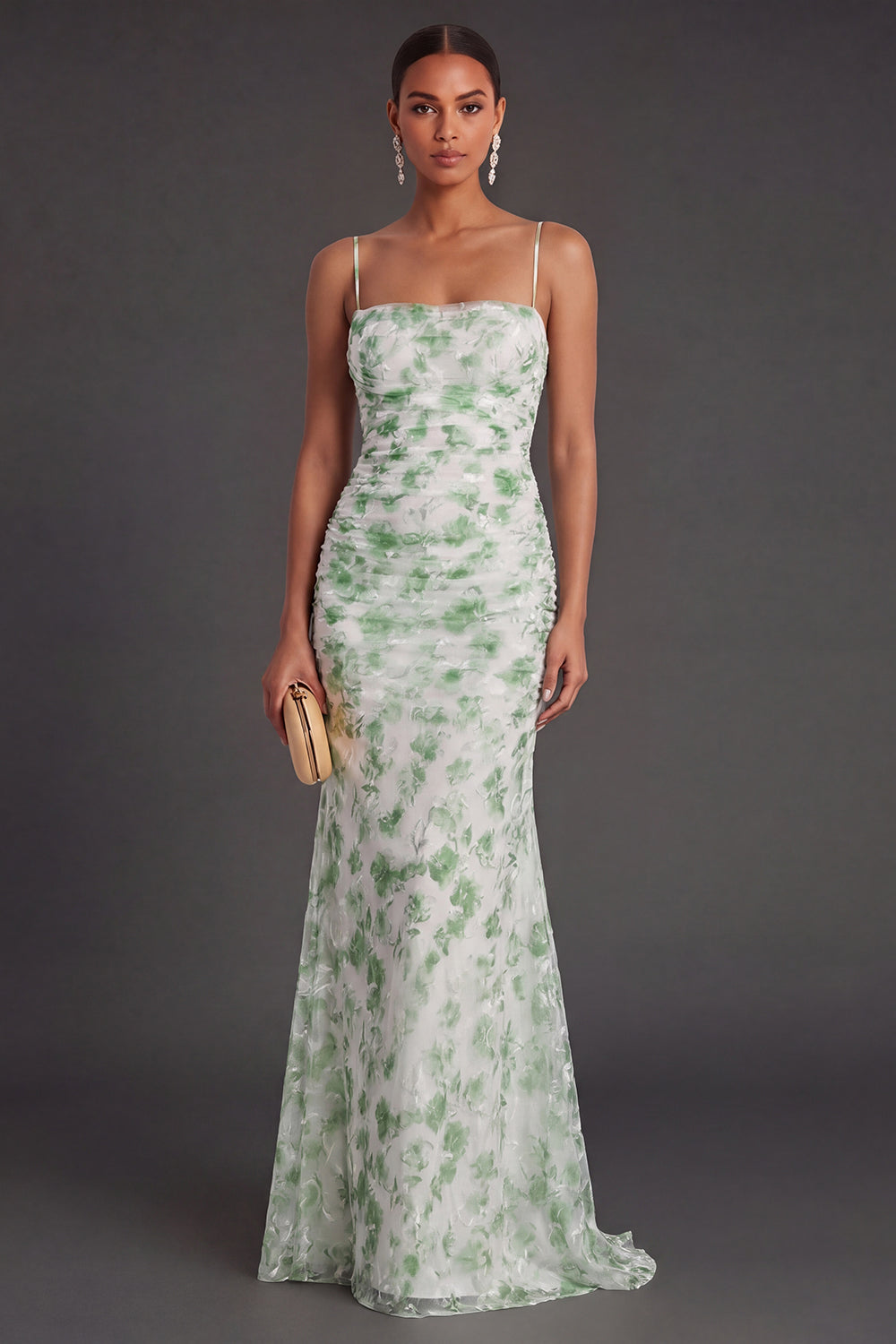 Light Green Floral Mermaid Spaghetti Straps Long Formal Dress