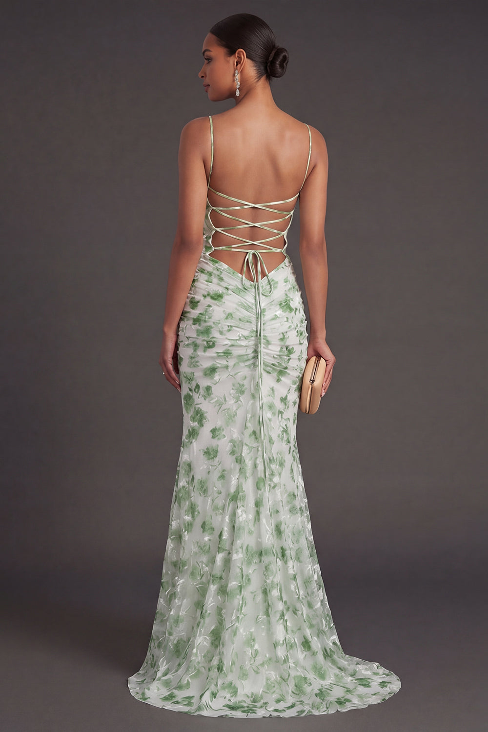 Light Green Floral Mermaid Spaghetti Straps Long Formal Dress
