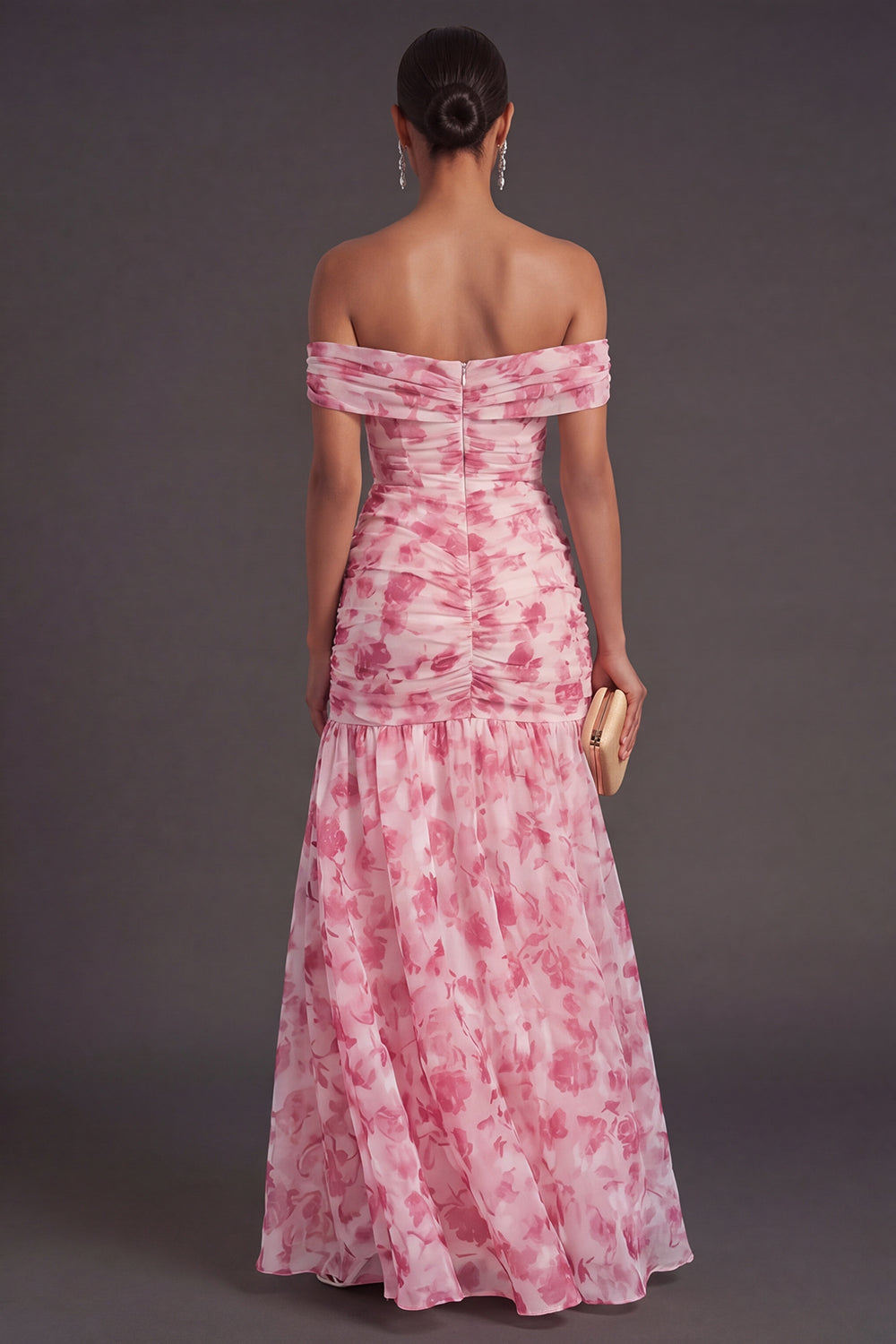 Pink Floral A Line Off the Shoulder Long Formal Dress with Slit