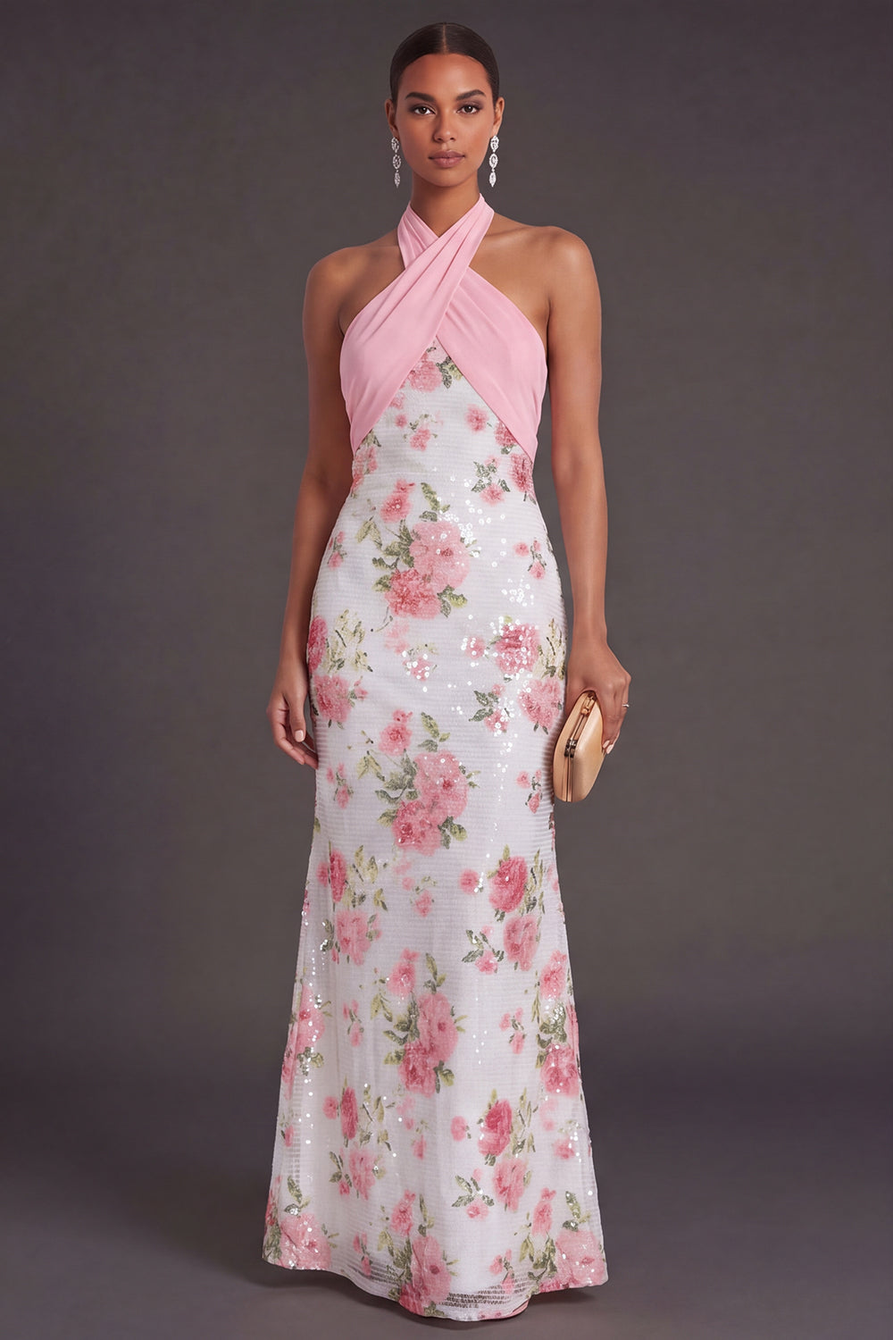 Light Pink Halter Neck Mermaid Floral Long Formal Dress