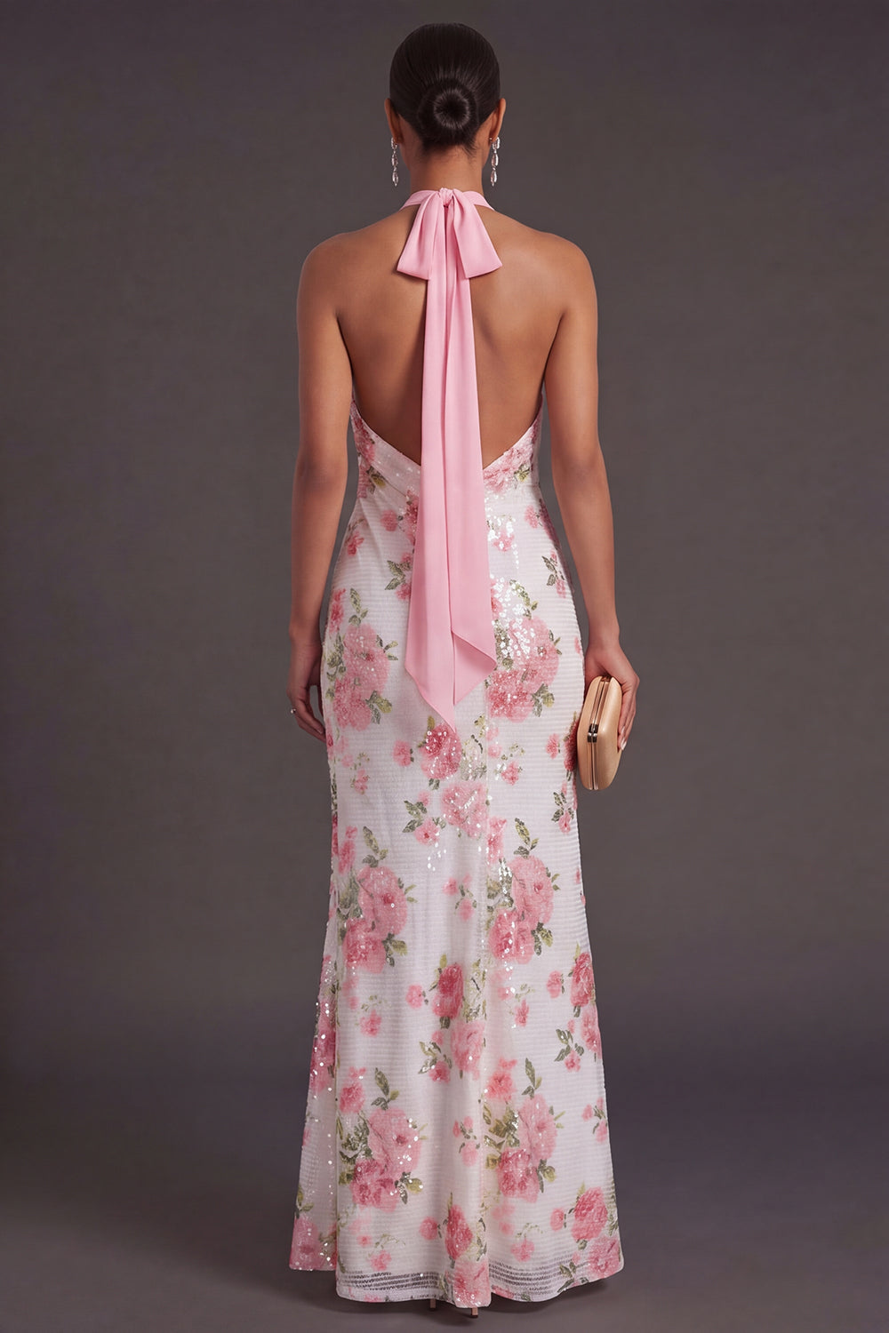 Light Pink Halter Neck Mermaid Floral Long Formal Dress