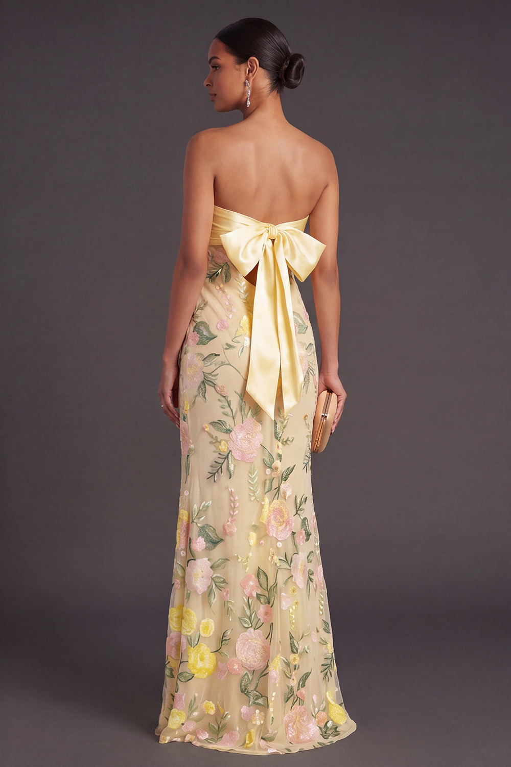 Mermaid Yellow Floral Strapless Long Formal Dress with Slit