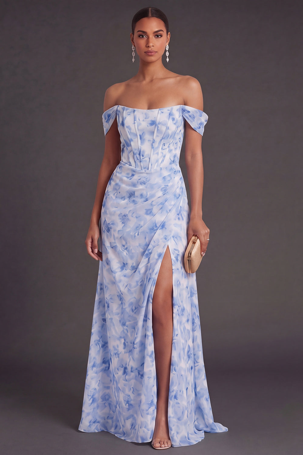Light Blue Floral Corset Off the Shoulder Long Formal Dress with Slit