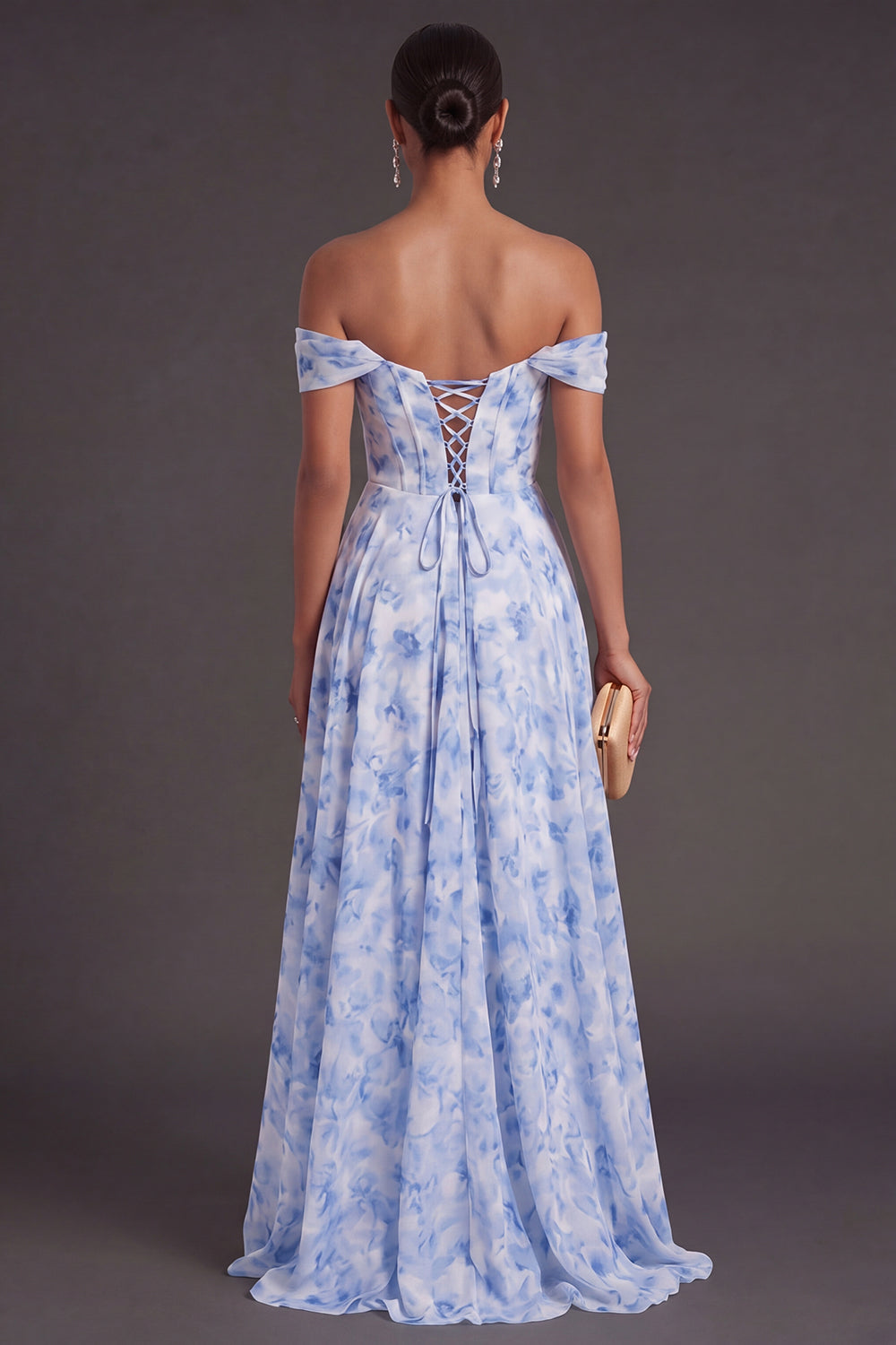Light Blue Floral Corset Off the Shoulder Long Formal Dress with Slit