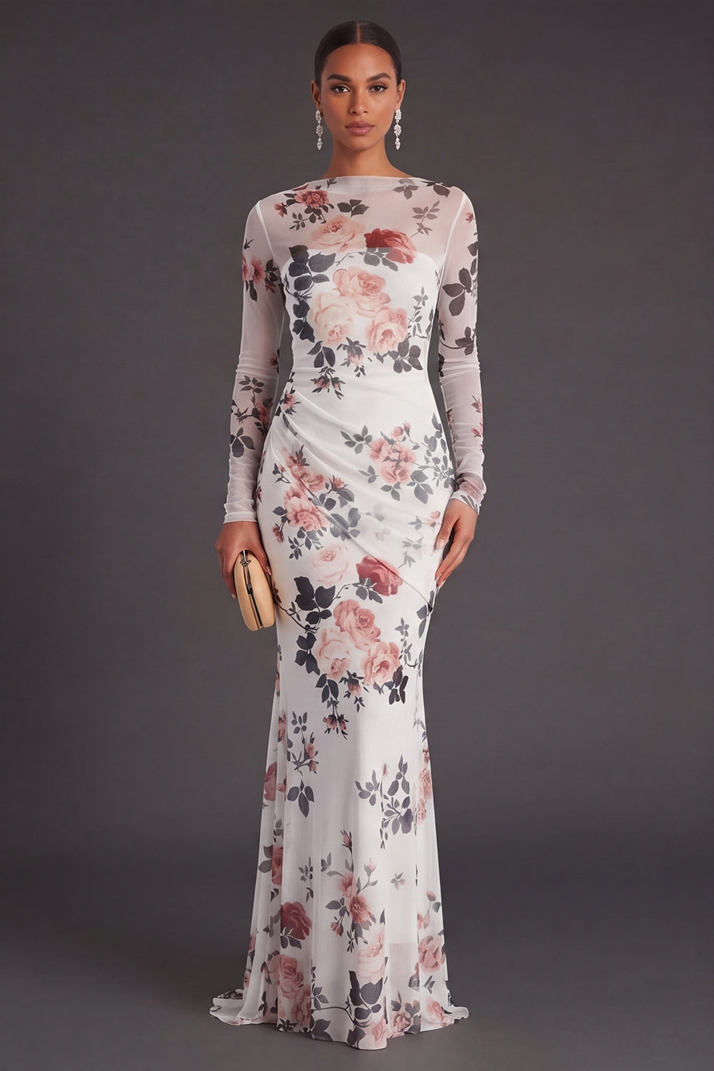 Ivory Mermaid Ruched Floral Long Formal Dress