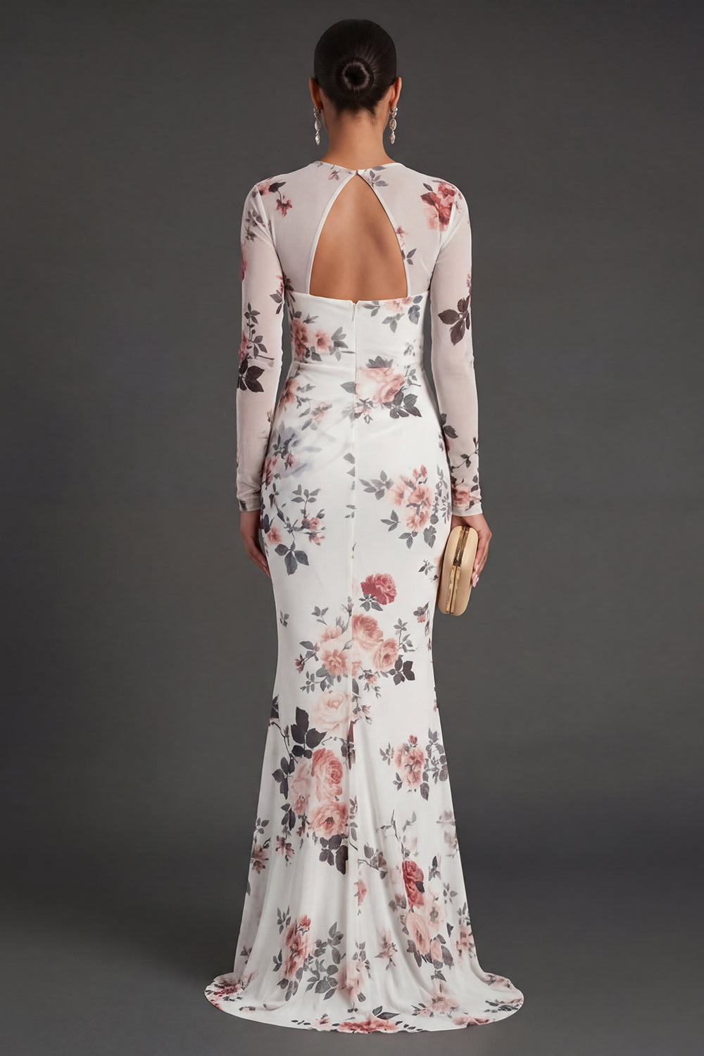 Ivory Mermaid Ruched Floral Long Formal Dress
