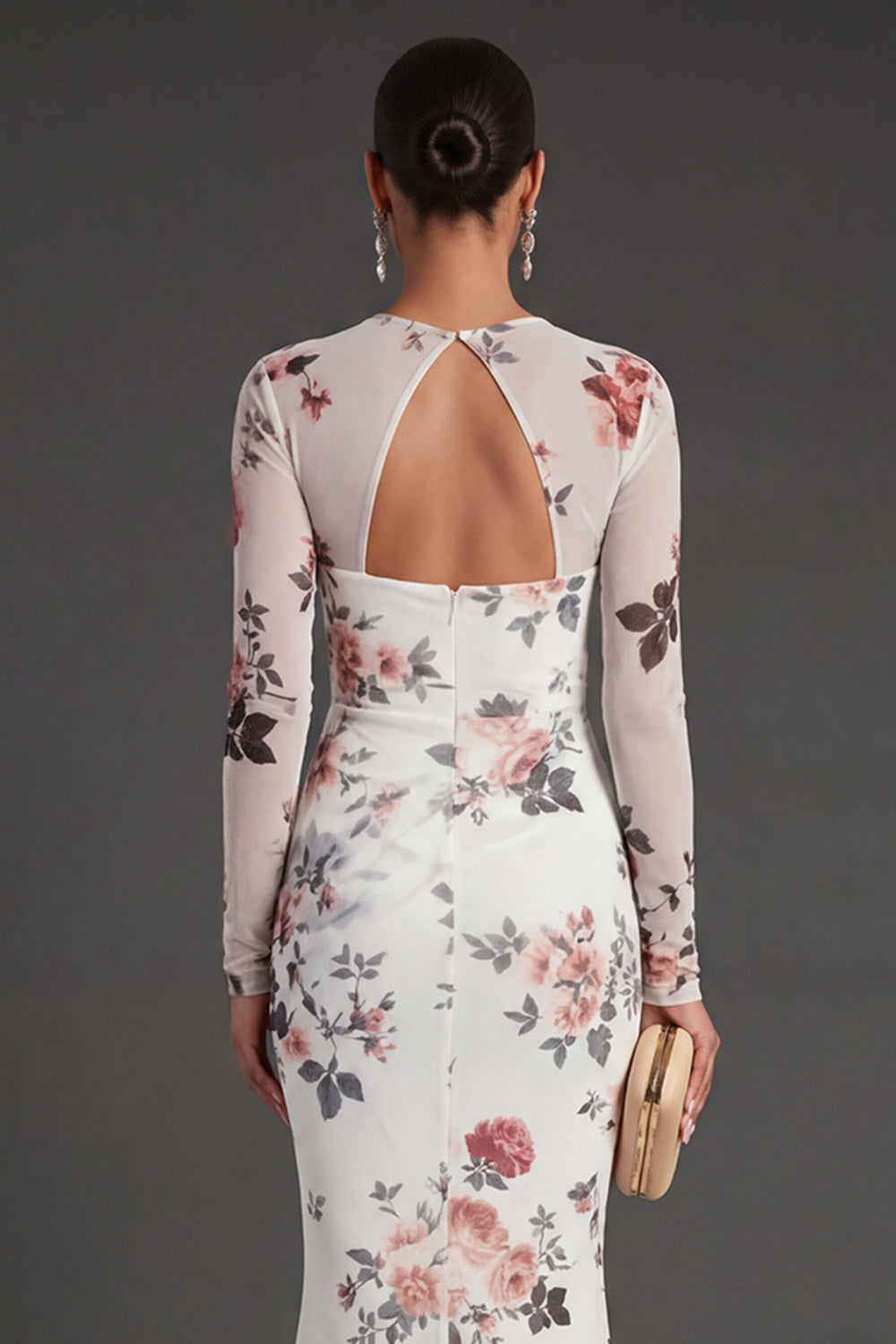 Ivory Mermaid Ruched Floral Long Formal Dress