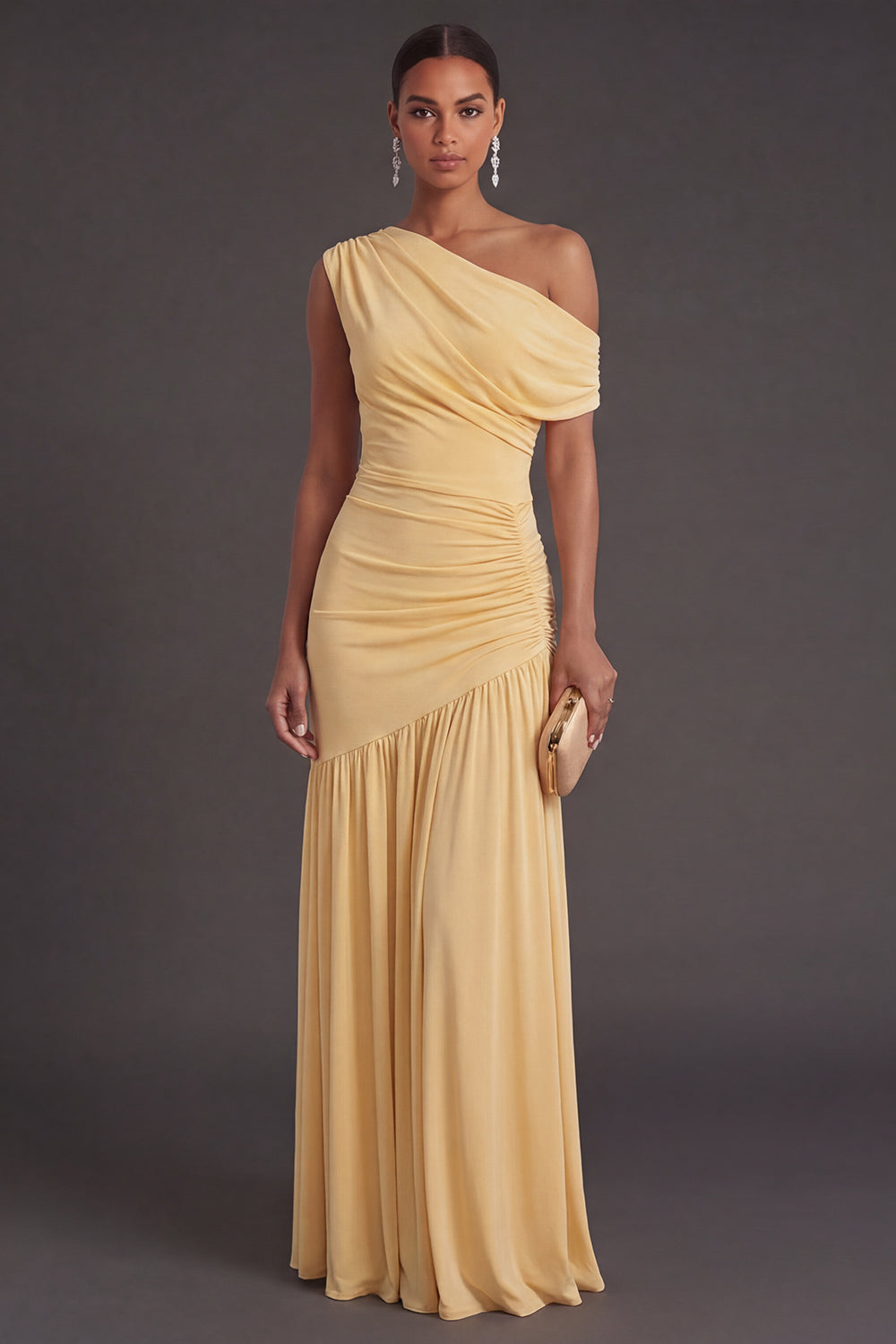 One Shoulder Yellow A Line Ruched Long Formal Dress