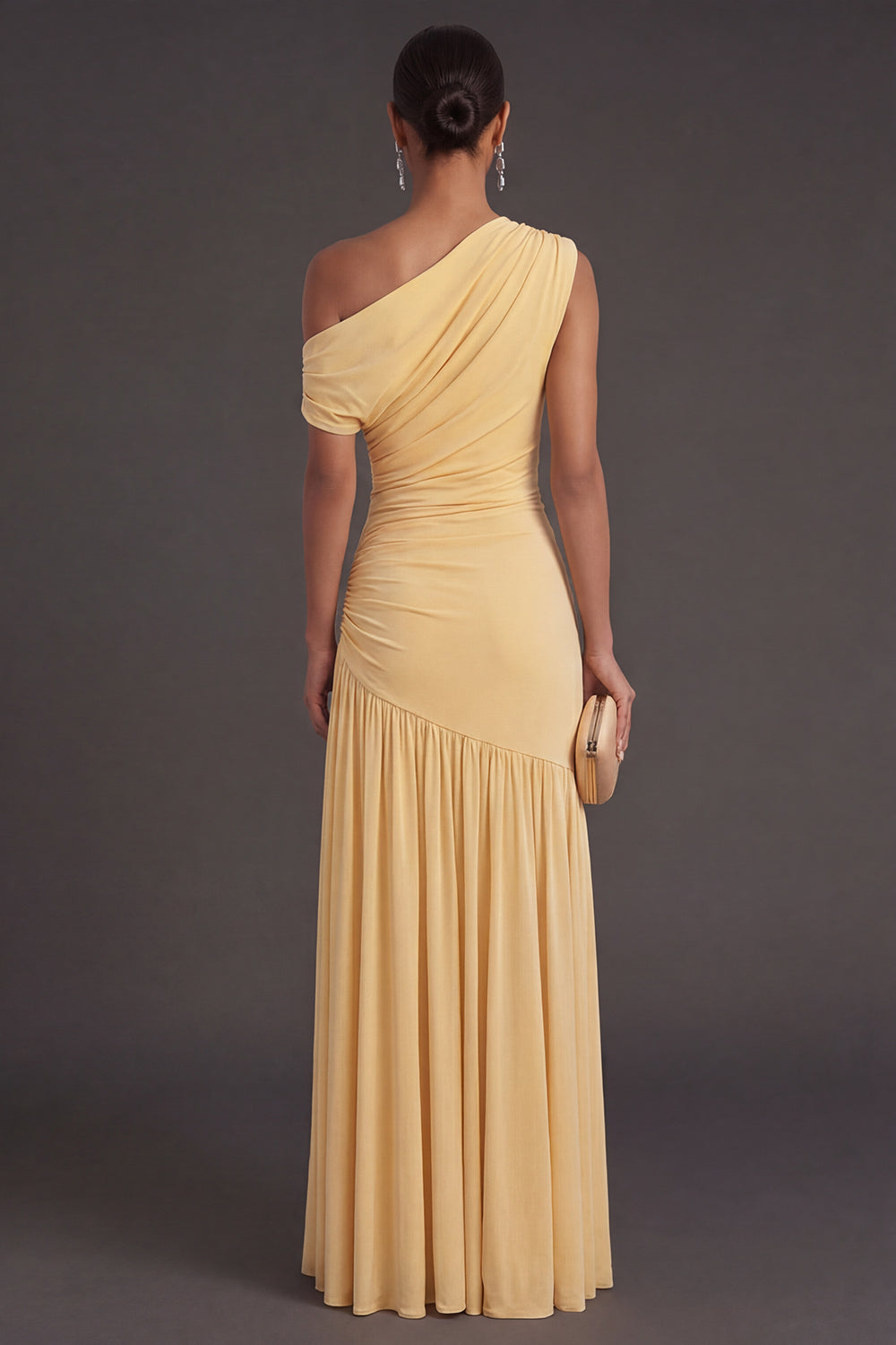 One Shoulder Yellow A Line Ruched Long Formal Dress